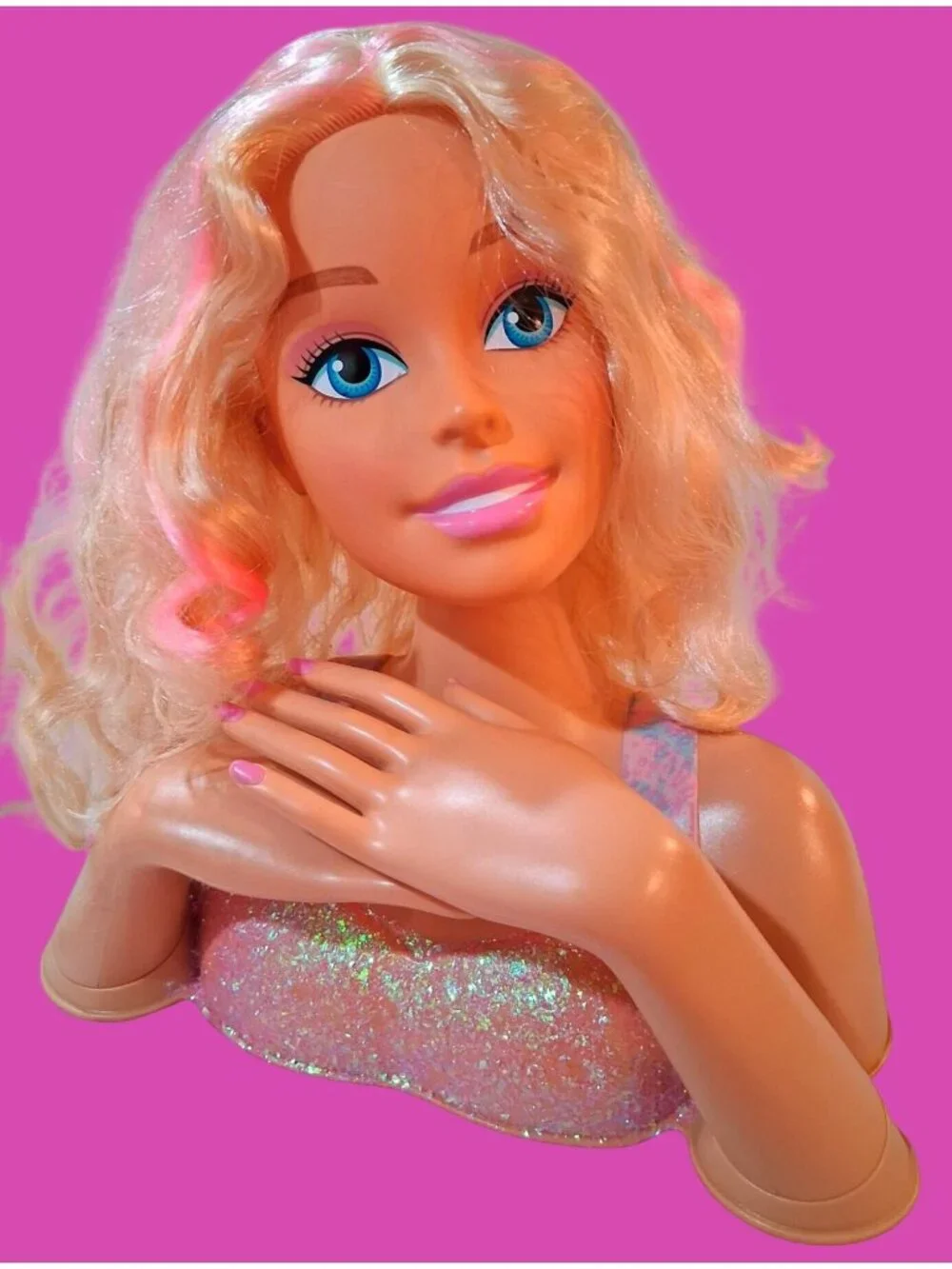 Barbie Blonde Styling Doll Head With Makeup Glittery Top RARE